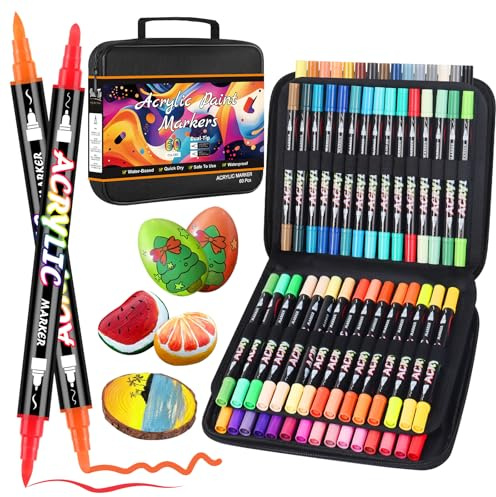 Sonlaryin Rotuladores Acrilicos 60 Colores 60 Piezas, Rotuladore de Pintura Acrílica Doble Punta con Fina y Pincel, Rotuladores para Roca, Cristal, Cerámica, Plastico, Tela, Metal