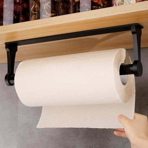 Loputon Kitchen Roll Holder under Cabinet, Aluminum Alloy Paper Towel Holders, Self Adhesive Kitchen Roll Holder for kitchenette, Bathroom, Living Room - Black