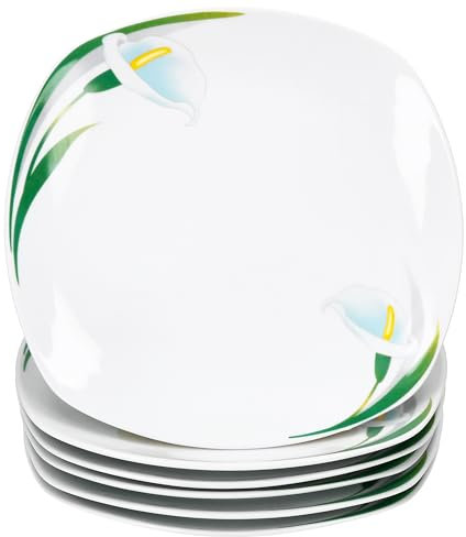 MamboCat Lot de 6 assiettes plates White Calla I Florale élégantes en porcelaine avec décor floral pour 6 personnes I Grandes assiettes pour les repas principaux, les barbecues, etc.