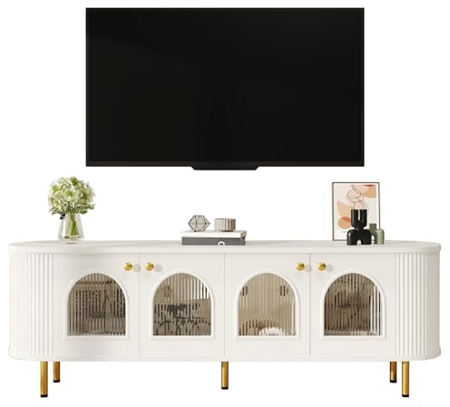 Azkoeesy TV-Schrank 170 cm weiß mit goldenen Beinen und Griffen, 4 gewölbte Glastüren, Modernes TV-Board, Lowboard, TV-Kommode, Fernsehtisch, für Wohnzimmer