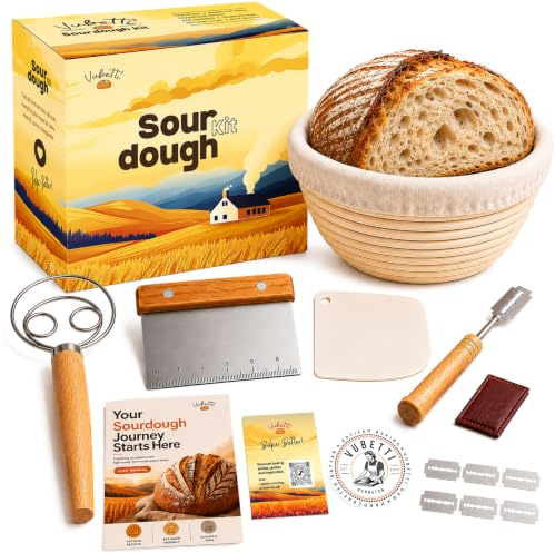 Sourdough Starter Kit - Complete Bread Making Kit with 9 Banneton, Liner, Lame, Scrapers & Danish Whisk | Handmade Indonesian Rattan, Artisan Bread & Gift Set (Standard Kit)