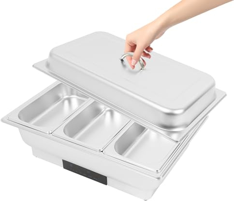 panfudongk Chauffe-plats électrique en acier inoxydable avec contrôle de la température pour restauration et buffet, 600 W, 9 l, pour aliments chauds et froids (3 compartiments)