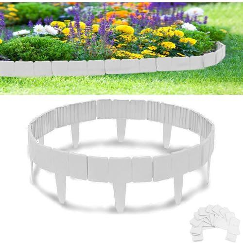 Rasenkante Kunstoff, 10m Flexibler Steinoptik Beeteinfassung, 40 Stücke PP Beetumrandungen Mähkante, Rasenkanten Steinoptik Palisade für Blumen Gartenzaun Decorativ, L 25 x H 23 cm - Weiß