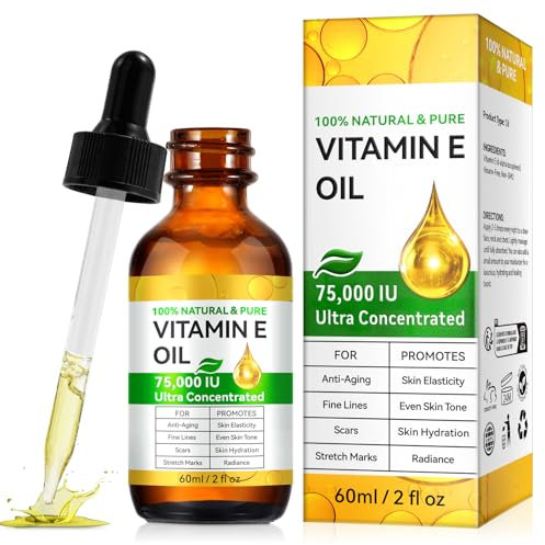 Olio di vitamina E 75.000 UI – Olio di vitamina E biologico per cicatrici, smagliature e pelle | Vegano, non comedogeno | Olio per il corpo idratante per viso, capelli, unghie (60 ml)