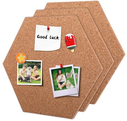 3Pcs Cork Bulletin Board Hexagon, Self Adhesive Corkboard Tiles for Walls Mini Wall Bulletin Boards Thick Tack Boards Hexagon Pin Board for Home Office School Decor Memos Photos Display