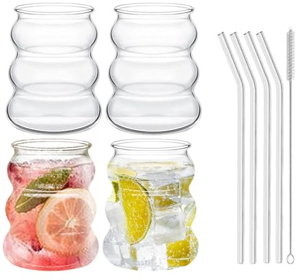 Lot de 4 verres à boisson nervurés de 320 ml avec pailles en verre, verres à bulles, verres ondulés, verres à eau, verres à long drink, verres à boisson, verres à cocktail pour le lait et les sodas