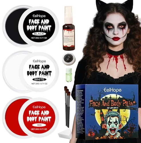 Set di make-up per Halloween, set professionale di trucco teatrale per carnevale 2025, 3 colori (nero, rosso, bianco), per carnevale, zombie vampiro, lupo mannaro, cosplay