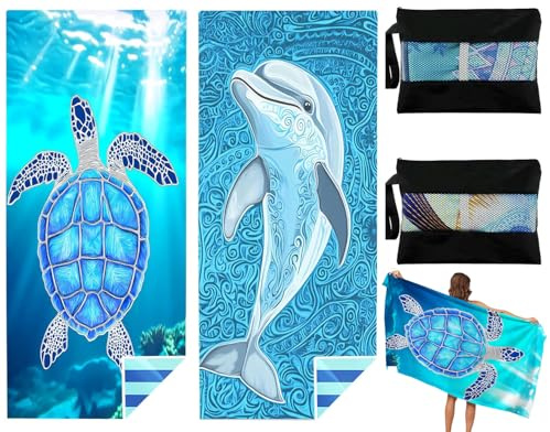 Bingobang 2 Pack Microfiber Beach Towels for Adults Extra Large, 180×90 cm Quick Dry Lightweight Beach Towel with Net Bag, Thin Sand Free Travel Towels for Camping Vacation Gift (Turtles and Dolphins)