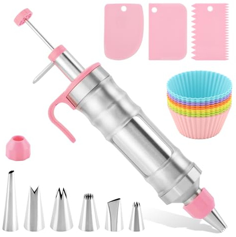 Frosting Piping Kit, 24PCS Dessert Decorating Syringe Set, Cake Icing Piping Kit, with 6 tips/12 silicone cupcake molds/3 scrapers/ 2 couplers, Perfect for Cake Decoration