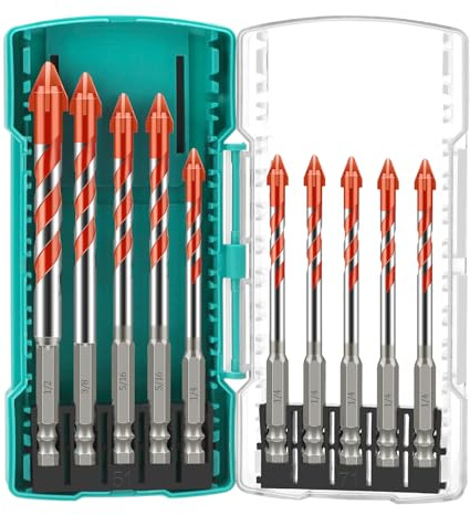 Linkstyle 10-teiliges Steinbohrer Set, Hartmetall-Fliesenbohrer und Betonbohrer 6,5–12,7 mm mit 1/4 Zoll Sechskantschaft und Dreiecksspitze für Glas Keramik Ziegel und Marmor