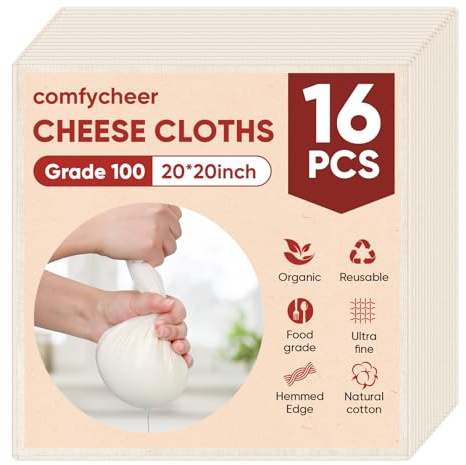 Comfycheer Cheese Cloths for Straining, 16PCS 20 * 20Inch Grade 100 Chees Cloth with Hemmed Edge,100% Cotton Unbleached,Reusable Muslin Cheesecloth for Straining, Making Yogurt, Juicing