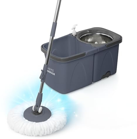 Home Harbour HH4 Turbo Power Spin Mop & Bucket Set with Dual Water Compartments | 360° Stainless Steel Wringer, 2 Reusable Mop Heads, Built-In Drain Plug, Noise-Reducing Bearings Deep Clean for All
