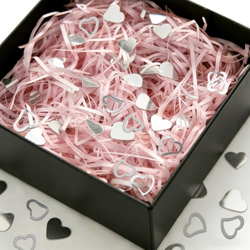LIANRISES 100g Relleno Cajas Regalo Rosa, Virutas De Papel Triturado Para Relleno, para Navidad, Regalos De Cumpleaños, San Valentín, Bodas, y 10g Confeti Corazón