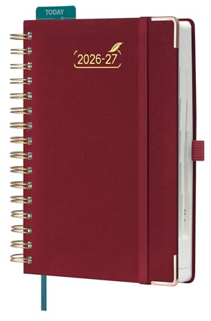 BEZEND Kalender 2026 2027 Tageskalender 1 Tag 1 Seite A5 (21,5 x 15,5 cm) | 12-Monate Terminplaner Aug 26 - Jul 27, 30-Min-Taktung 7-21 Uhr, Spiralbindung mit PU-Leder Hardcover, Burgund