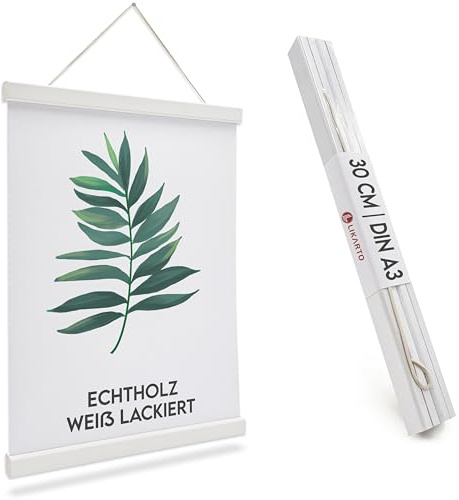 LIKARTO® Posterleiste Holz Weiß A3, 30 cm, magnetisch, mit Lederband | Echtholz weiß lackiert, starke Magnete, inkl. Lederband, wiederverwendbar, Alternative zum Bilderrahmen