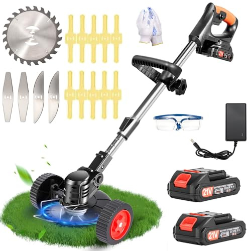 DéBroussailleuse à Batterie Electrique 21V Coupe Bordure sans Fil avec Batterie, 4 Types de Lames,Poids léger, Faible Bruit Debroussailleuse Electrique sans Fil, pour Jardin, Pelouse, Ferm