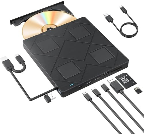 TUdcgjSXF External CD/DVD Drive with 2 USB Ports, type-c port and TF/SD Card Slots Portable CD DVD Burner Player for Laptop Desktop PC