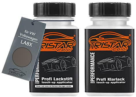 TRISTARcolor Autolack Lackstift für VW LA8X Kaschmirbraun Metallic +1K | für VW / Volkswagen, Cashmere Brown Metallic, Set aus Basislack + Klarlack, Lackfläschchen mit Pinsel, je 50ml