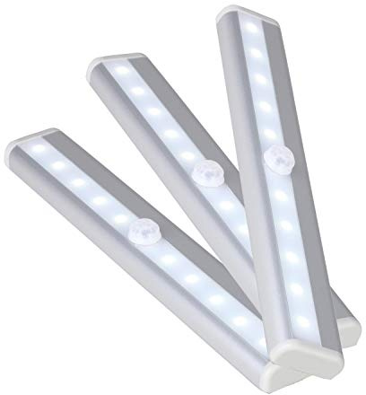 WedDecor Under Cabinet Light Wireless PIR Motion Sensor LED with Magnetic Strip Battery Operated for Cupboard, Kitchen, Bookcase, Stairs, Drawer, Warm White, 3pcs