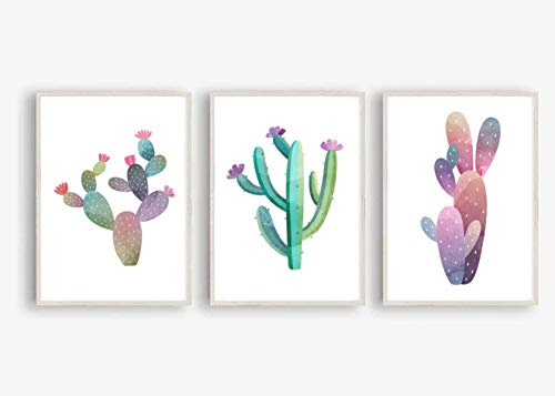 Din A4 Kunstdruck ungerahmt 3er Set - Kaktus mit Blüten Sukkulenten Cactus Grafik modern Natur Druck Poster Bild