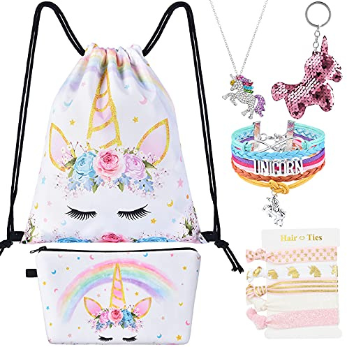 Zaino Con Coulisse Unicorno - Regali Unicorno Ragazze Compleanno Natale 9 Pezzi Borse Con Coulisse Palestra Serie Borsa Cosmetica Portachiavi Collana Braccialetto Cravatte Capelli