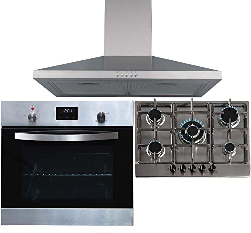 SIA SO114SS 60cm Stainless Steel Digital Electric Single True Fan Oven, SSG702SS 5 Burner Gas Hob with Enamel Pan Stands & CHL60SS Cooker Hood