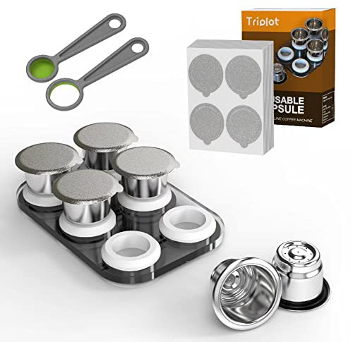 Triplot Reusable Capsules for Nespresso OriginalLine - 6pcs Refillable Coffee Pods,Stainless Steel Cups Compatible for Nespresso OriginalLine Machine (6Pods+100pcs Lids+Storage Board)…