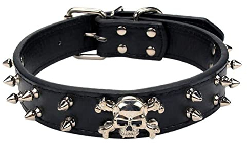 Spiked Leather Dog Collar, 2 Rows Bullet Rivets Studded PU Leather, Cool Skull Pet Collar for Medium and Large Dogs (M:15-18, Black)