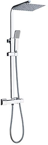 AICA Columna de Ducha termostática, Alcachofa de Baño, Cuadrada con manguera de acero inoxidable en cromo, Ducha Lluvia, Barra ajustable en 80-120cm