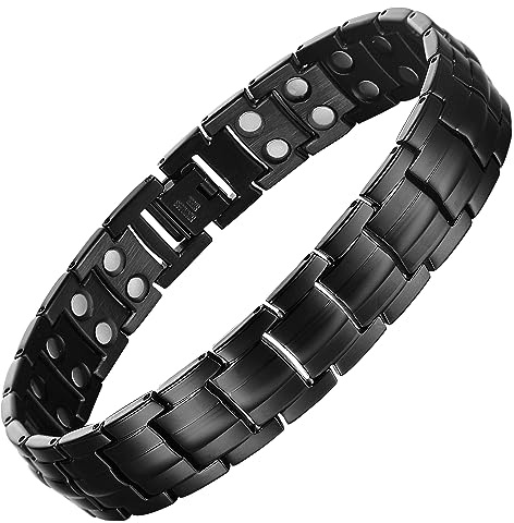 MagEnergy Titanium Steel Magnetic Bracelets for Men, Double Row Ultra Strength Magnets Wristband Magnetic Brazaletes with Adjustable Links Removal Tool & Jewelry Gift Box (A-Black)