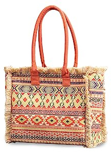 CORIOS Frauen Canvas Handtasche Ethno Stil Tote Retro Schultertasche mit Fransen Sommer Strandtasche Grosse Kapazitat Hobo Boho Top Handle Tasche fur Urlaub Strand Reisen Alltag Mehrfarbig