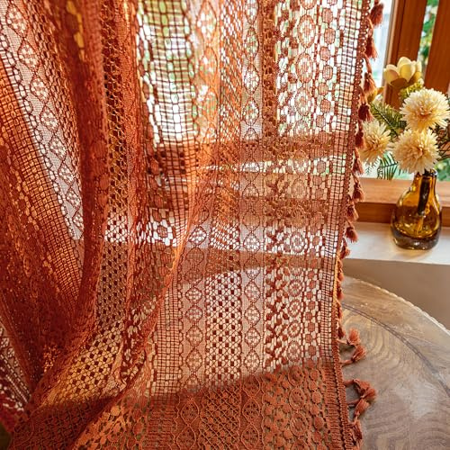 WAZZIO Burnt Orange Sheer Curtains 72 Inch Length 2 Panels Set Boho Crochet Lace Curtains for Bedroom Living Room Kitchen Window Curtain Panels Farmhouse Fall Rust Colored Curtains Drapes,Pumpkin