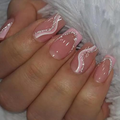 Angwis 24pcs Short Square False Nails French Tip Pink Edge Stick on Nails Silver Glitter Pink White Swirl Press on Nail Removable Glue-on Full Cover Fake Nail Art Accessories for Women