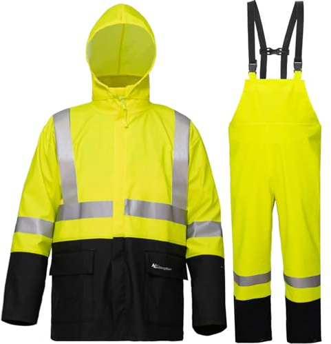 SuznSiax Rain Suit for Men Heavy Duty Workwear Waterproof Hi Vis Reflective Rain Jacket with Bib Pants(Fluorescent,Small)