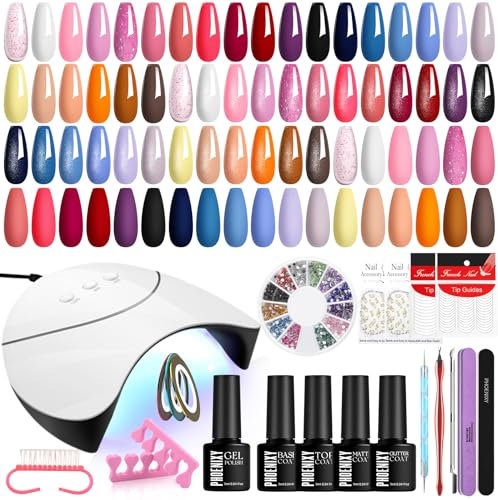 Phoenixy Kit Ongle Gel UV Complet, 24Pcs 72 Effets Vernis Gel UV Semi Permanent avec Lampe UV/LED 36W( Top Coat Brillant et Mat), Kit Vernis Semi Permanent DIY à la Maison