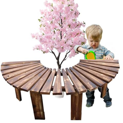Baumbank Halbrunde Baumbank, Dekorativer Eckhocker, Sitzbank für Haus, Garten, Balkon, Veranda, Dekorationsstühle für Innen und Außen, Blumentisch, Pflanzenständer aus Holz(Brown)