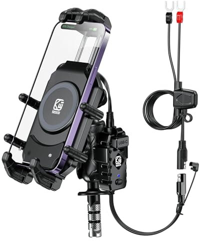 BRCOVAN Motorcycle Fork Stem Phone Mount with Qi 15W Wireless Charger & 36W PD/USB-C Fast Charging Port, Anti-Theft Motorcycle Phone Holder with Vibration Dampener for 5.4''-7.2'' Cellphones