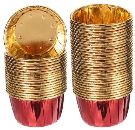 QUARKZMAN 50Pcs Forros de Cupcakes Metálicos En Miniatura Rojo/Oro | Forros de Muffins de Cupcakes, Envolturas de Papel a Prueba de Grasa, para Hornear Cupcakes, para Bodas Duchas Regalos