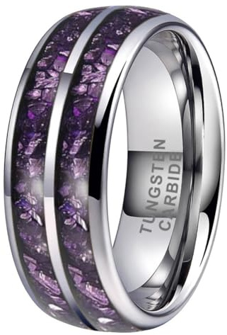 TUTISS Anelli in tungsteno da 8 mm argento/nero/canna di fucile viola per uomo donna intarsio ametista moda fidanzamento promessa di matrimonio fede lucida comoda vestibilità, 11, Metallo, Non pietra