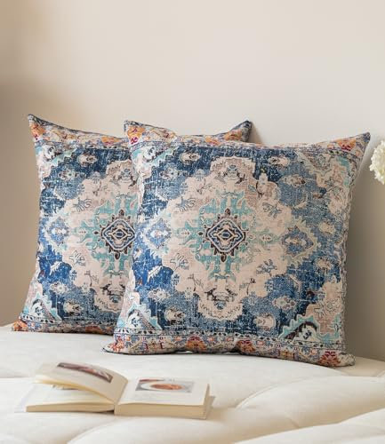 Vorysum Kissenbezug 40x40 cm Bohemian Dekokissen Herbst Kissenbezüge Vintage Kissenhülle 2er Set Blau Kissen Samt Sofakissen für Wohnzimmer Schlafzimmer Garten Dekorative