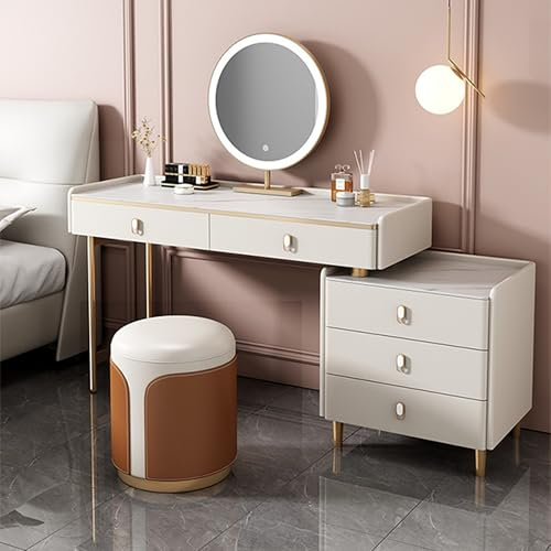 Ernqi Schminktisch Mit Beleuchtetem HD-Spiegel, 3 Beleuchtungsmodi, Schminktisch Mit Links/rechts Installierbaren Schließfach, Schminktisch Mit Stuhl Fürs Schlafzimmer (White,C_23.6IN)