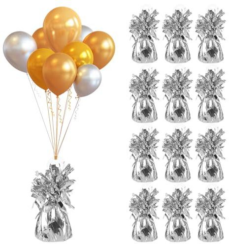 SHUESS 12 pesos de helio para globos, 170 g/unidad, lámina plateada, pesos de globo macizo, conos de borla metálicos, para cumpleaños, decoración de mesa, regalos de invitados, bodas, decoración