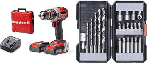 Einhell Taladro percutor atornillador inalámbrico TE-CD 18/50 Li-i BL Power X-Change (18V, motor sin escobillas, control electrónico del par, 2 baterías 2.0 Ah y cargador) + Set Brocas/Puntas