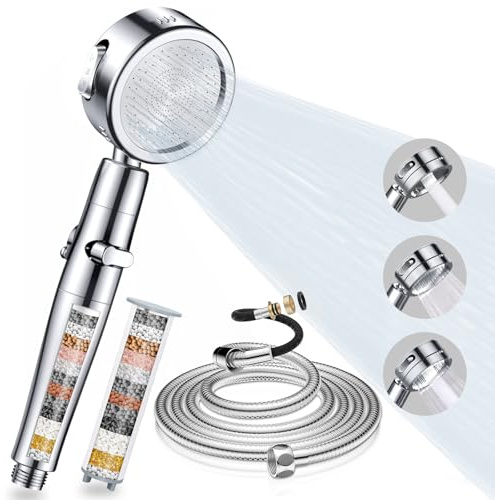 TOPAHGOD High Pressure Shower Heads, Hard Water Filter Shower Head with 2M Shower Hose, 3 Mode Shower Head with Pause Switch, Massage Showerhead with Water Filter Bathroom Accessory, Silver