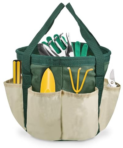 Borsa per Attrezzi da Giardino, 7.5 x 8 Organizer per Attrezzi da Giardinaggio, Tessuto Oxford Giardino Borsa con 6 Tasche Esterne, Tote Attrezzo da Giardino Portatile per Lavori di Giardinaggio