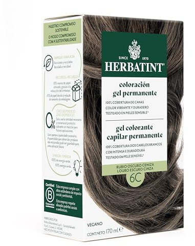 Herbatint Tintura permanente per capelli 6C Biondo Scuro Cenere - 170 ml | Senza Ammoniaca, Copertura Ottimale dei Capelli Grani | Dermatologicamente Testato, con 8 Estratti Naturali