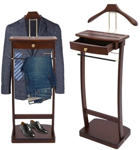 Pinelicorn Freestanding Wood Mens Valet Stand with Drawer, Clothes Butler with Base, Suit Hanger Rack for Office Living Room Bedroom