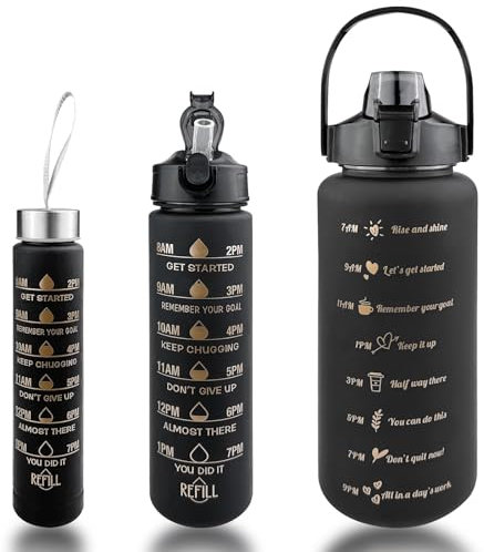 Noxtioanip 3 Pezzi Borraccia 2L, 800ml, 300ml, Bottiglia Palestra Motivazionale con Indicazione Del Tempo, Borracce di Perdite Senza BPA, per Scuola, Campeggio, Yoga, Palestra (Nero)