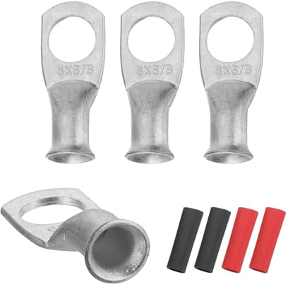 sourcing map 4pcs 6 AWG M10 Battery Lugs Ring Terminals, 3/8 10mm Stud Crimp Wire Terminal Connector End Copper, 3:1 Heat Shrink Tubing, Silver