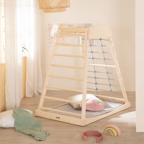 roba inomhus lektorn i trä – Montessori-klätterställning med ribbor & klätterrep – från 24 månader – med massivträ-gunga – belastning upp till 70 kg – natur/grå